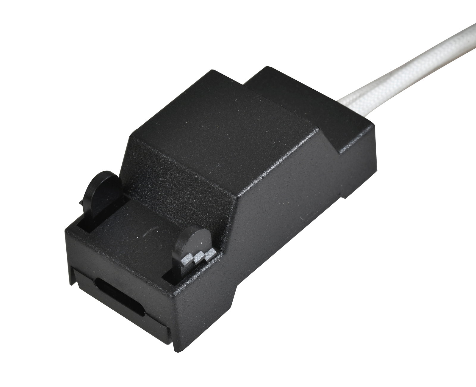 Schwarzes rechteckiges Gehäuse mit Kabel, seitliche Perspektive