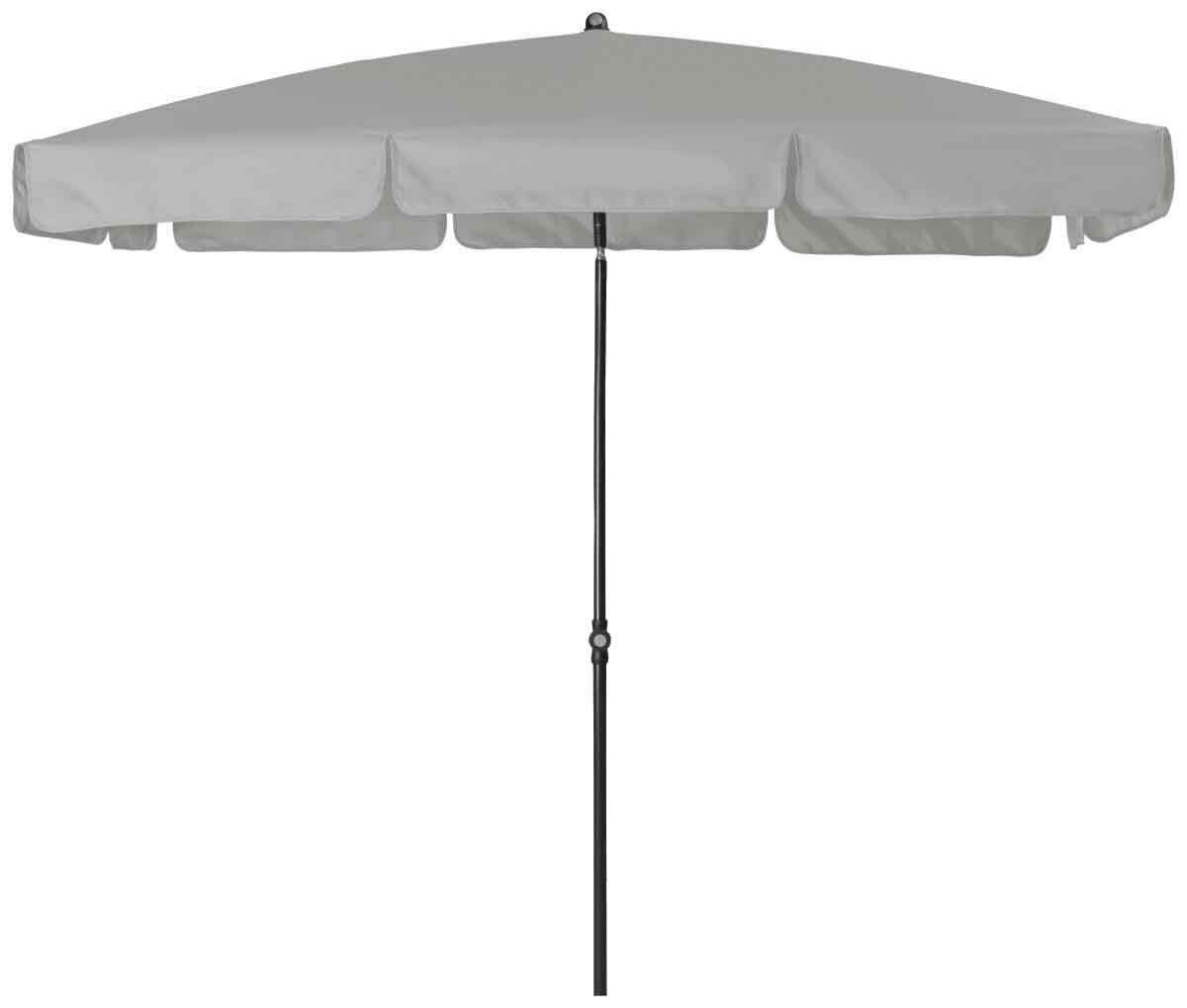 Grauer Sonnenschirm in Frontalansicht mit schwarzem Ständer