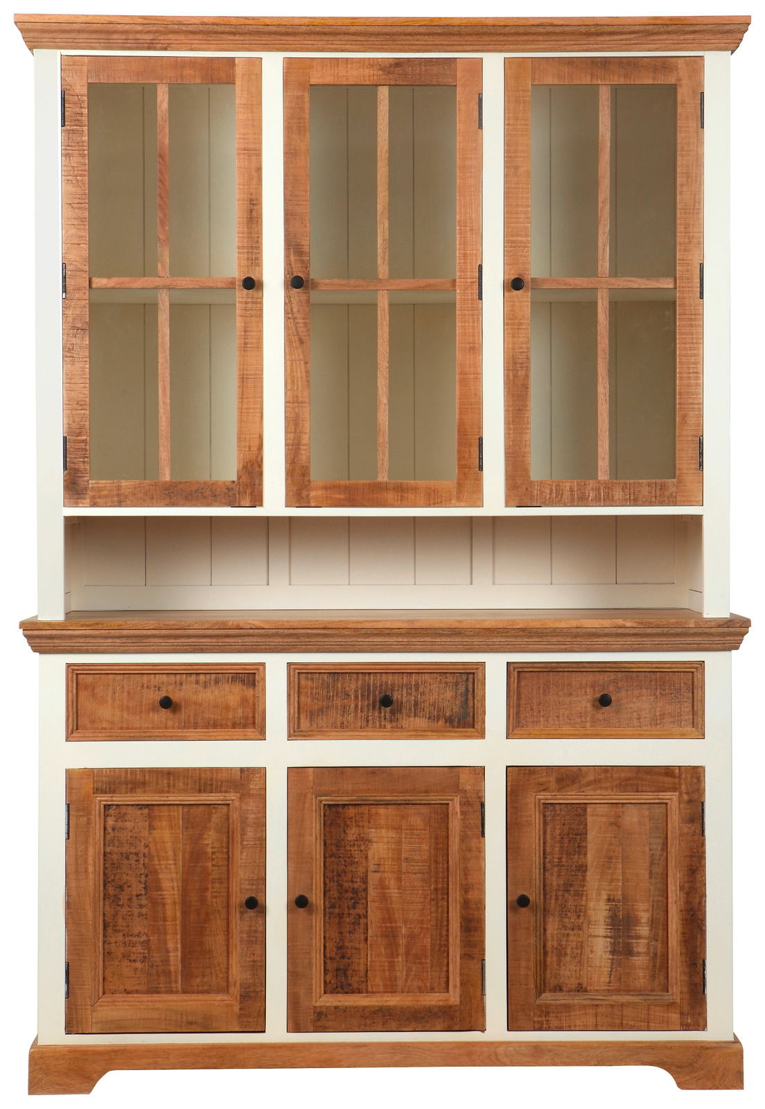 Vitrinenschrank aus Holz mit drei Glastüren oben und drei Schubladen sowie drei Holztüren unten, Frontalansicht