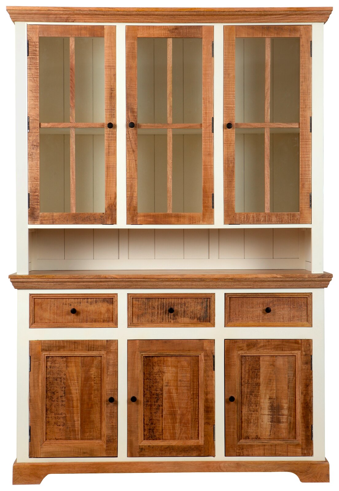 Vitrinenschrank aus Holz mit drei Glastüren oben und drei Schubladen sowie drei Holztüren unten, Frontalansicht