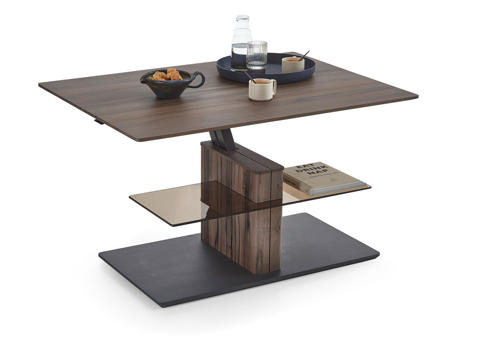 Moderner Couchtisch mit Holz- und Glaselementen, seitliche Perspektive