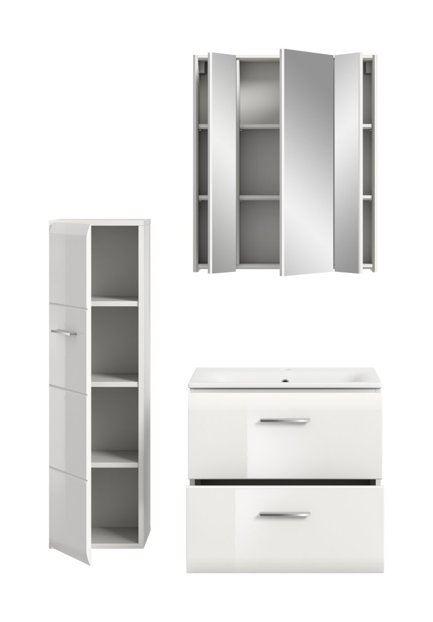 Weißes Badezimmermöbel-Set mit Spiegelschrank, Waschtischunterschrank mit zwei Schubladen und Hochschrank, teils geöffnet, in Frontansicht/leicht schräger Perspektive auf weißem Hintergrund.