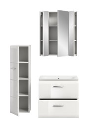 Weißes Badezimmermöbel-Set mit Spiegelschrank, Waschtischunterschrank mit zwei Schubladen und Hochschrank, teils geöffnet, in Frontansicht/leicht schräger Perspektive auf weißem Hintergrund.