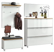 Flur-Garderoben-Set in Weiß mit Eiche-Ablage, Wandpaneel mit Haken und Kleiderstange sowie Schuhschrank und Spiegel, frontal aus leicht schräger Perspektive aufgenommen