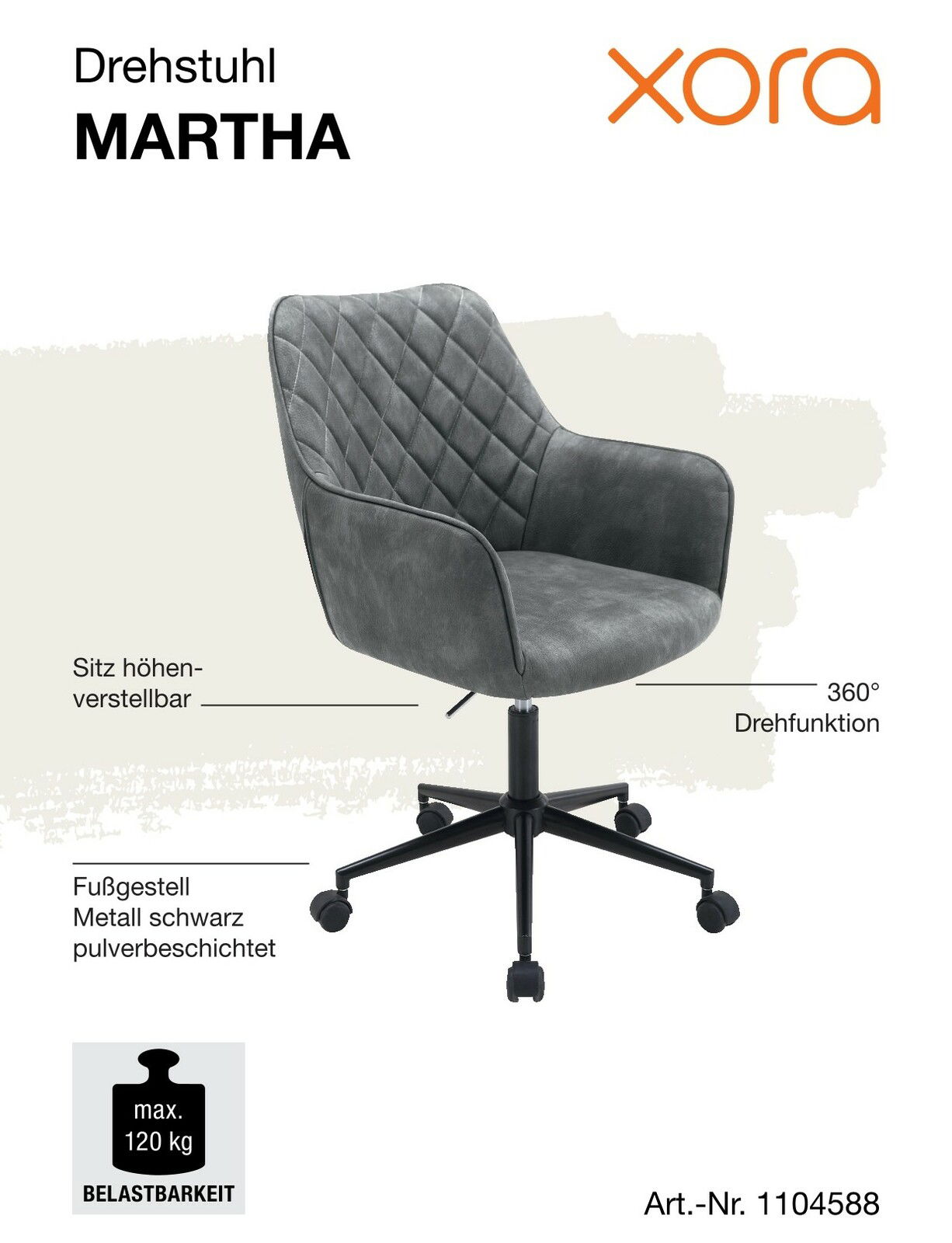 Grauer Drehstuhl MARTHA mit höhenverstellbarem Sitz, 360-Grad-Drehfunktion und schwarzem Metallfußgestell, seitliche Perspektive