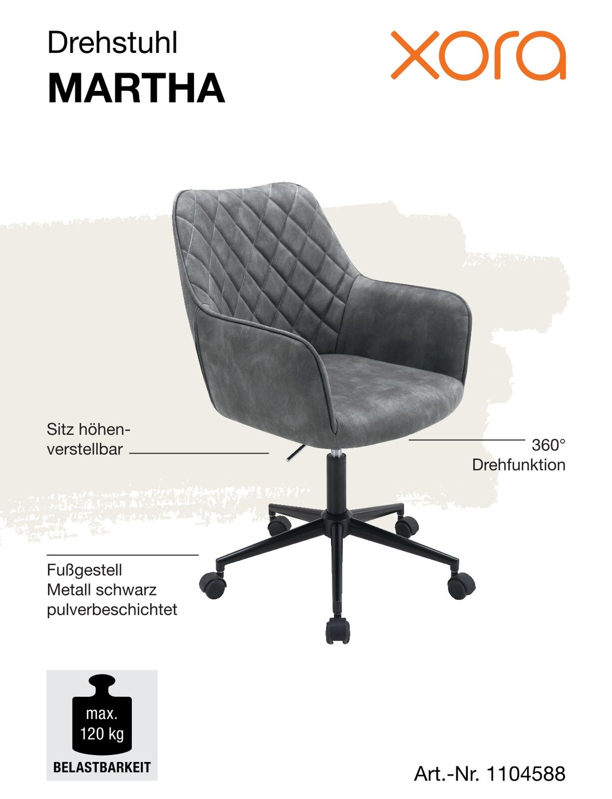 Grauer Drehstuhl MARTHA mit höhenverstellbarem Sitz, 360-Grad-Drehfunktion und schwarzem Metallfußgestell, seitliche Perspektive