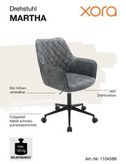 Grauer Drehstuhl MARTHA mit höhenverstellbarem Sitz, 360-Grad-Drehfunktion und schwarzem Metallfußgestell, seitliche Perspektive