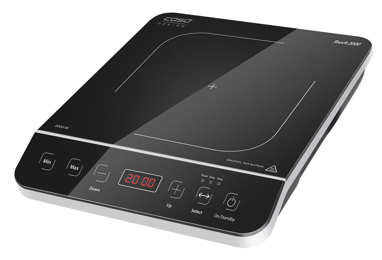 Einzelkochplatte mit digitalem Display und Touch-Bedienfeld, seitliche Perspektive