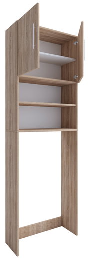 Hochschrank-/Überbau-Regal in Eiche-Optik mit zwei geöffneten Türen, Innenfach und Ablageböden, freier Ausschnitt unten; Ansicht schräg von vorn