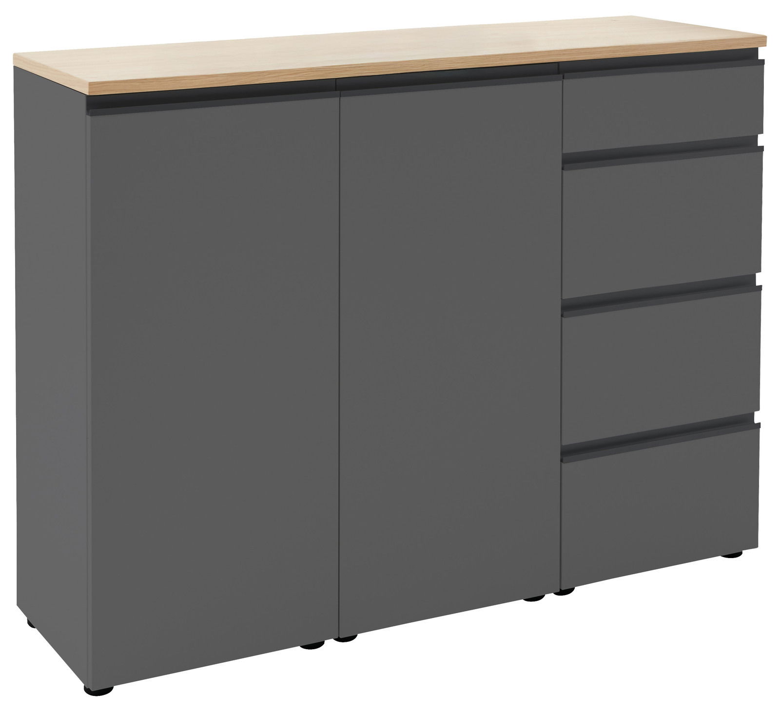 Dieter Knoll Combinatiecommode 135 LENDINA Graue Kombi-Kommode mit Holzplatte, zwei Türen und vier Schubladen, seitliche Perspektive