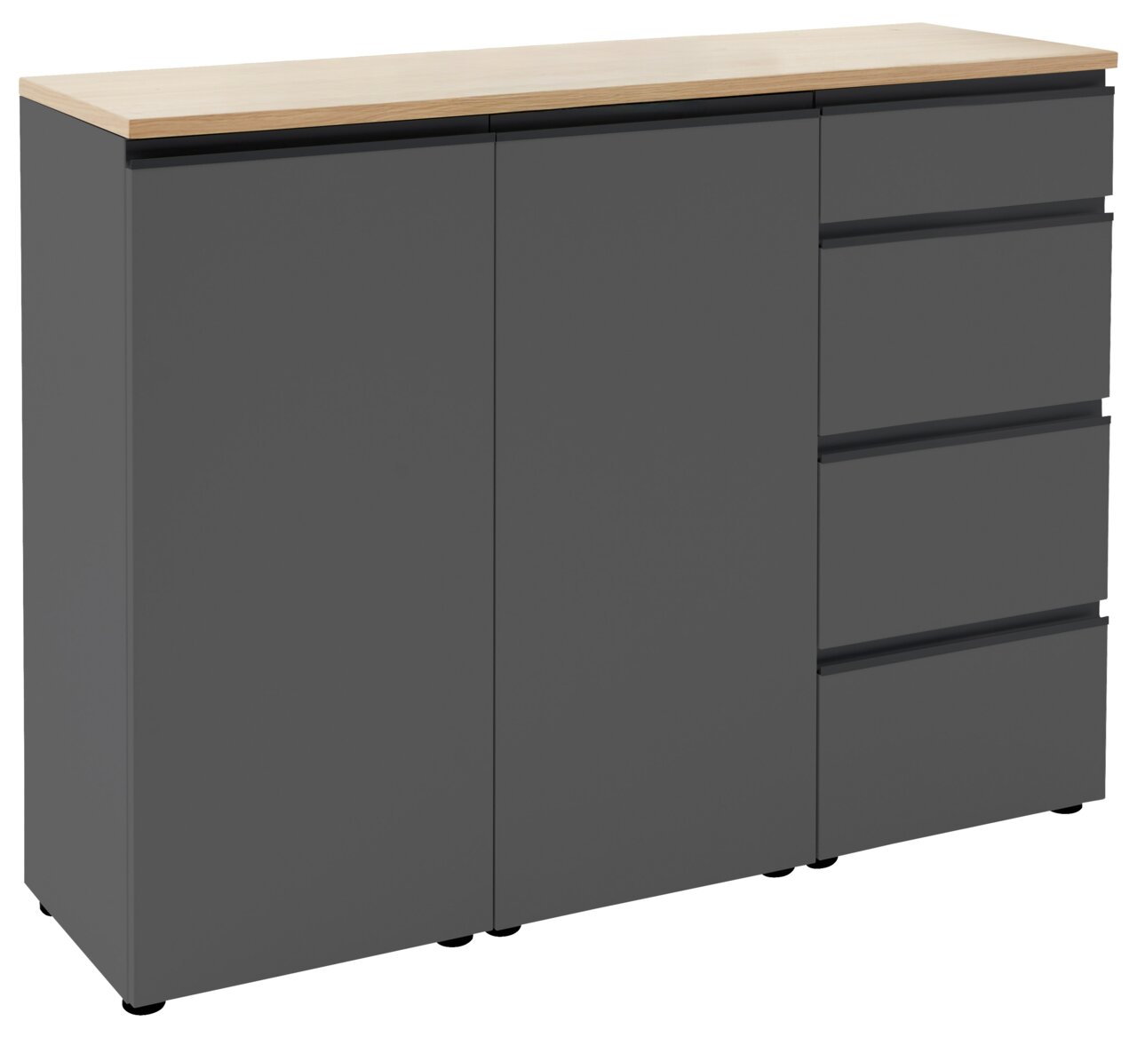 Graue Kombi-Kommode mit Holzplatte, zwei Türen und vier Schubladen, seitliche Perspektive