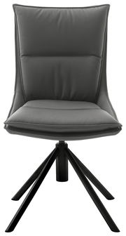 Moderner grauer Stuhl mit gepolsterter Sitzfläche und schwarzem Metallgestell, Frontalansicht