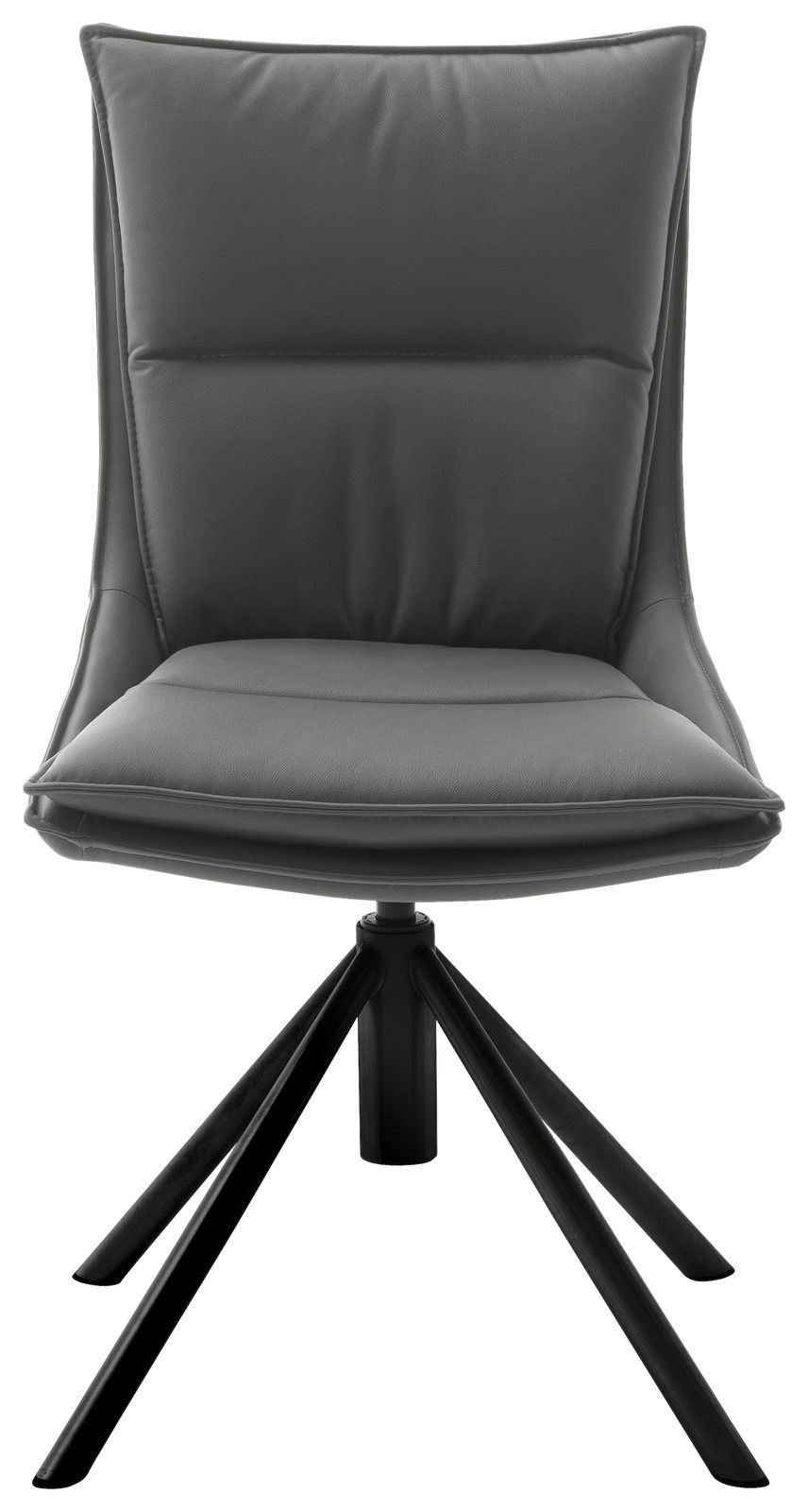 Moderner grauer Stuhl mit gepolsterter Sitzfläche und schwarzem Metallgestell, Frontalansicht