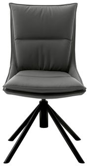 Moderner grauer Stuhl mit gepolsterter Sitzfläche und schwarzem Metallgestell, Frontalansicht