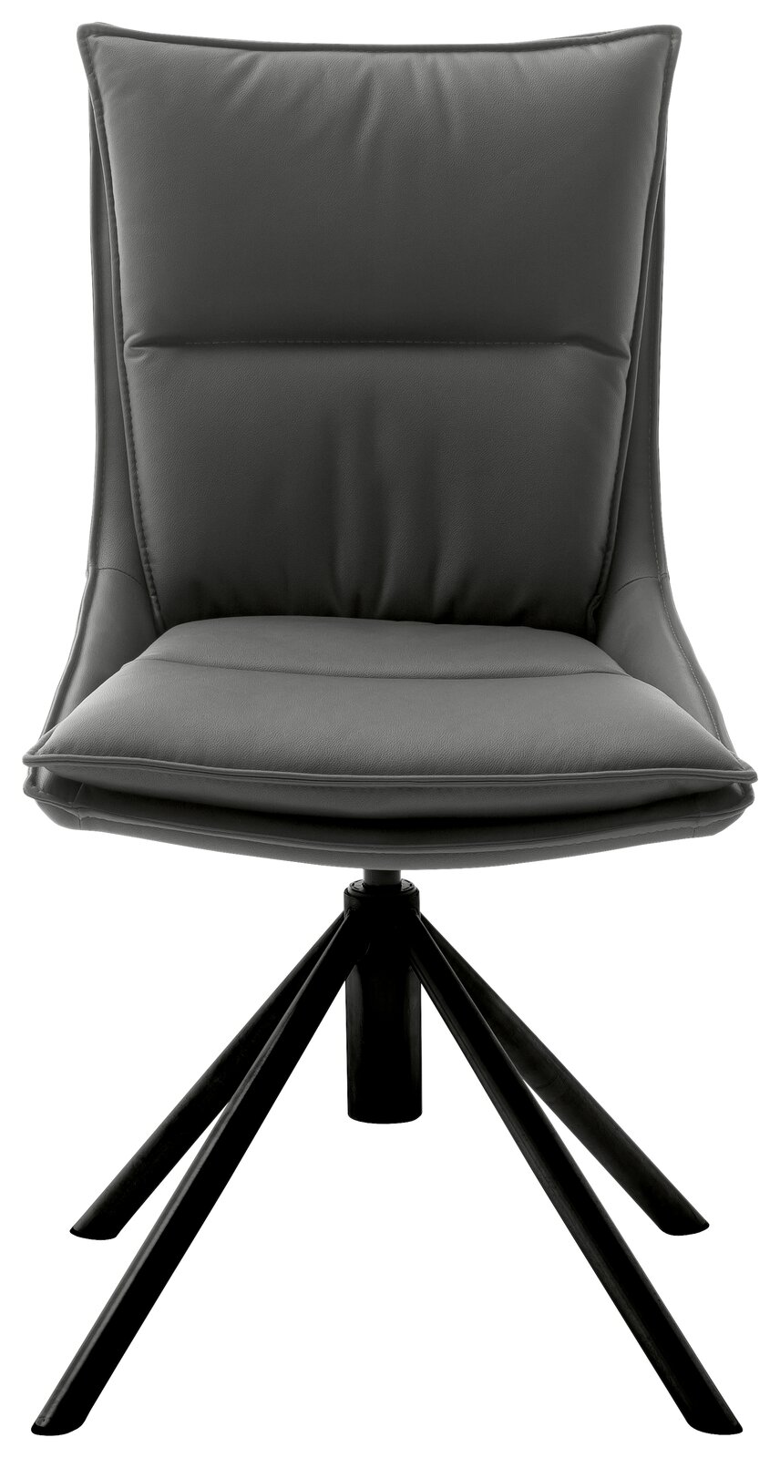 Moderner grauer Stuhl mit gepolsterter Sitzfläche und schwarzem Metallgestell, Frontalansicht