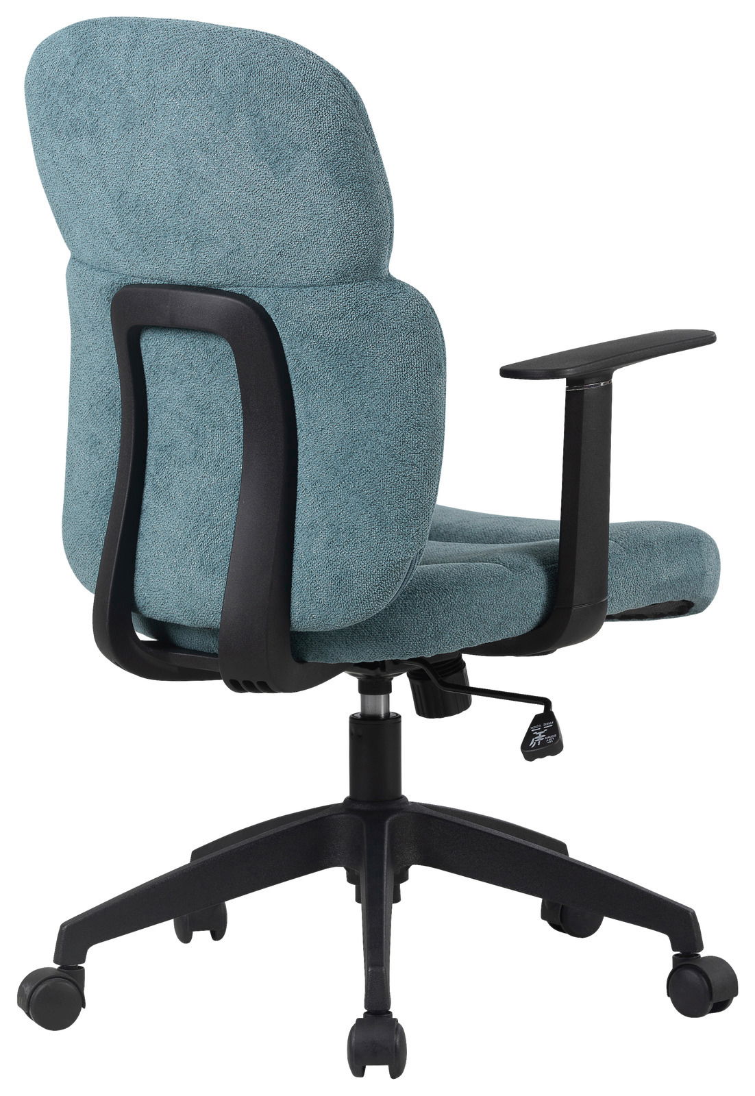 Rückansicht eines drehbaren Bürostuhls mit Armlehnen, gepolstertem Sitz und Rückenlehne in hellblauem Stoff.