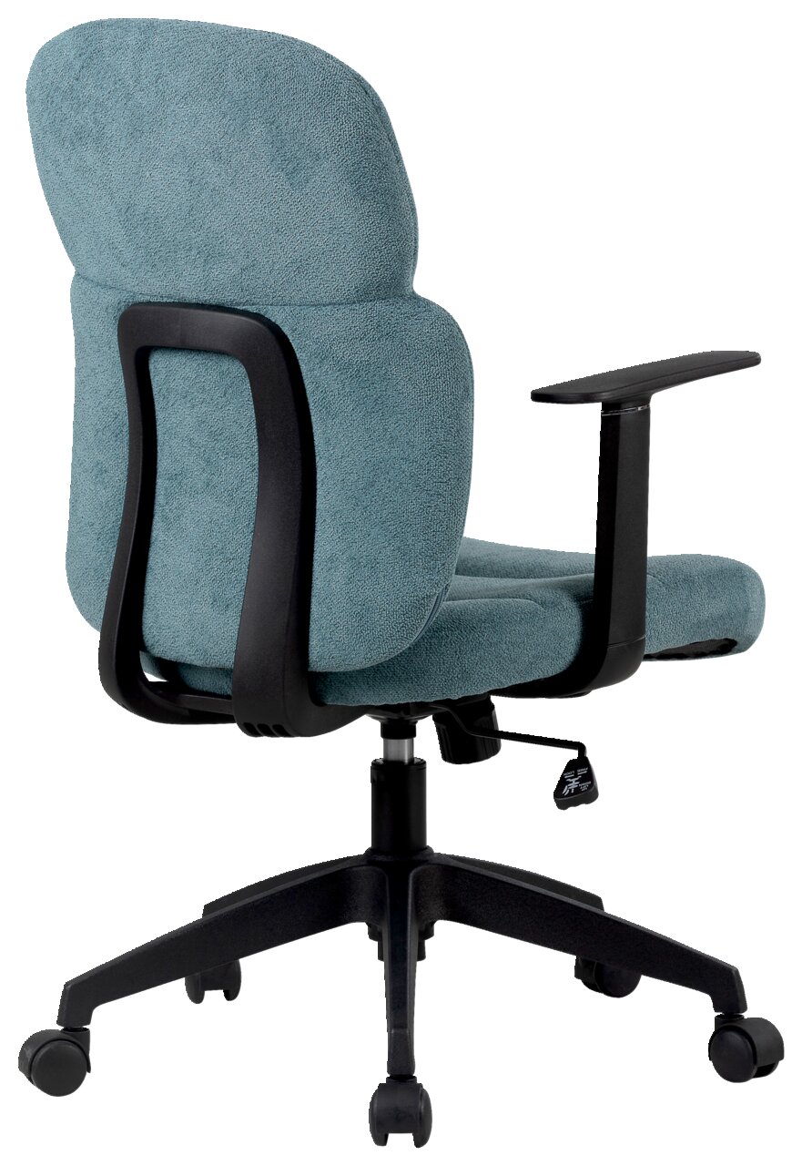 Rückansicht eines drehbaren Bürostuhls mit Armlehnen, gepolstertem Sitz und Rückenlehne in hellblauem Stoff.