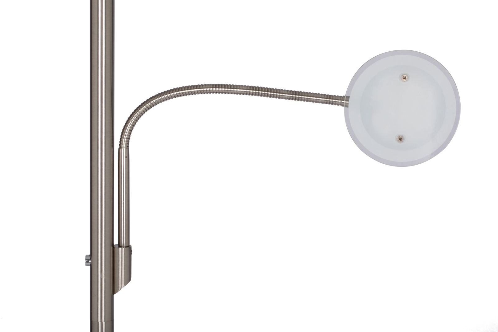 Detailansicht einer LED-Stehleuchte mit flexiblem Arm und rundem Leuchtkopf in seitlicher Perspektive.