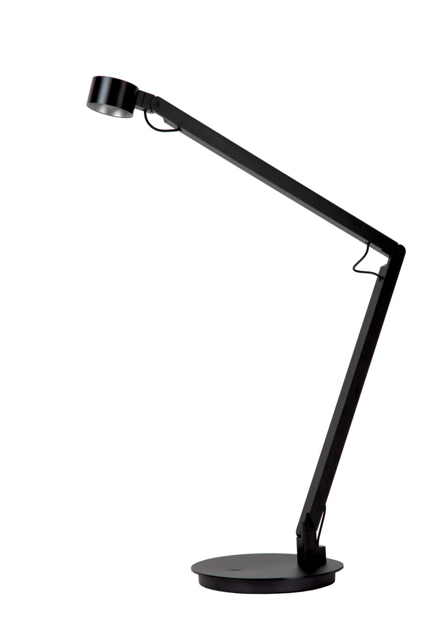 Moderne schwarze Tisch- und Schreibtischleuchte mit verstellbarem Arm, seitliche Perspektive