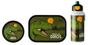 Lunchset Campus Dino bestehend aus Brotdose und Trinkflasche mit Dinosauriermotiv, seitliche Perspektive