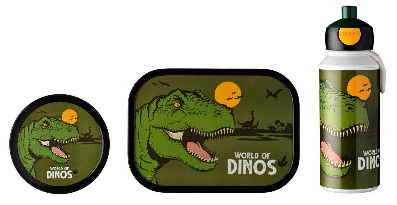 Lunchset Campus Dino bestehend aus Brotdose und Trinkflasche mit Dinosauriermotiv, seitliche Perspektive