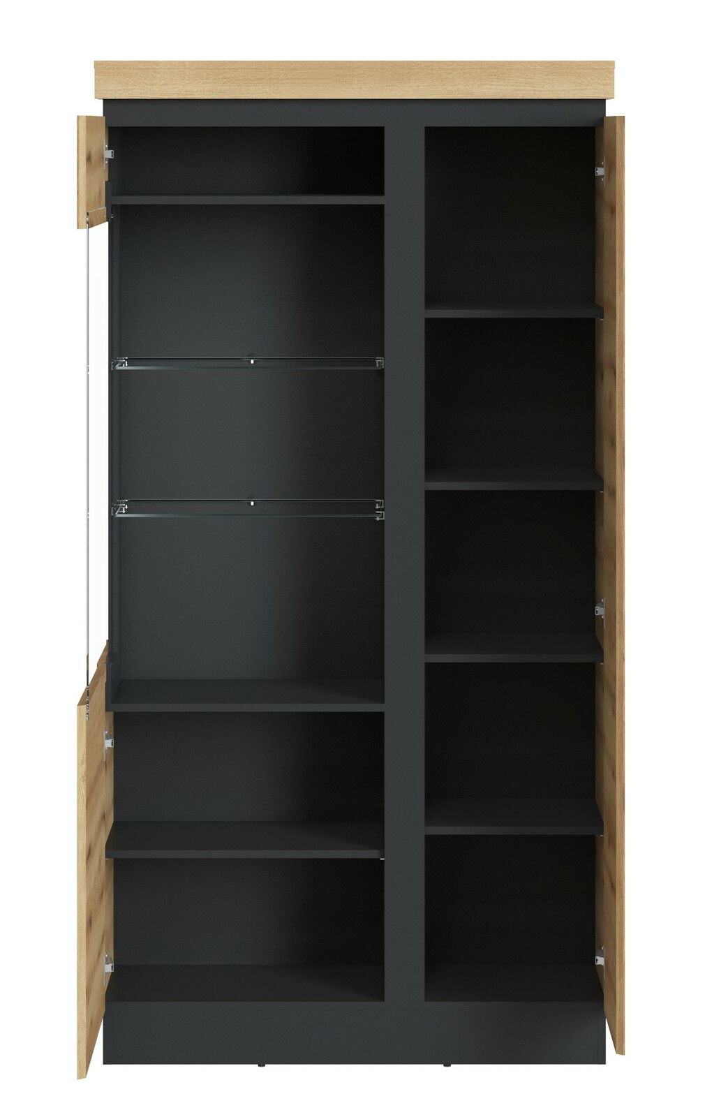 Vitrine mit offenen Türen, schwarze Regalböden und Holzrahmen, Frontalansicht