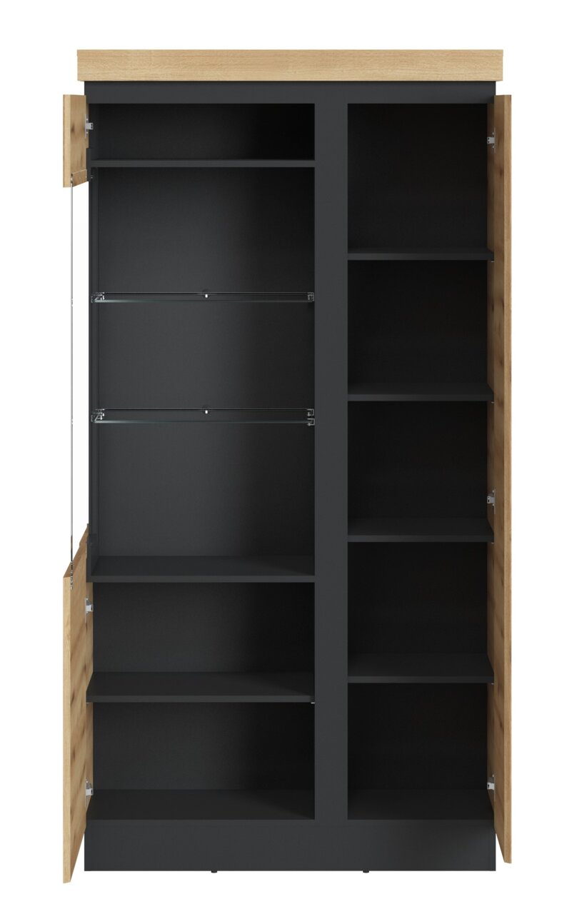 Vitrine met open deuren, zwarte planken en houten frame, vooraanzicht