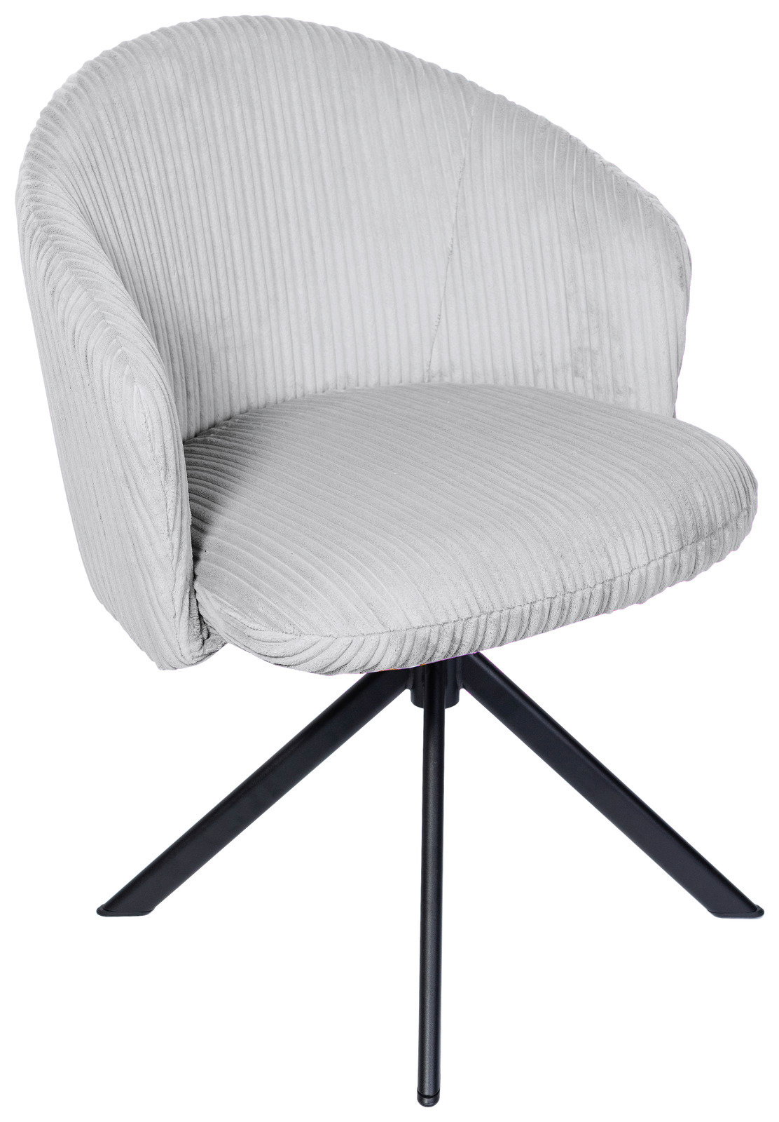 Grauer Armlehnstuhl mit geripptem Stoffbezug und schwarzem Metallgestell, seitliche Perspektive