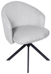 Grauer Armlehnstuhl mit geripptem Stoffbezug und schwarzem Metallgestell, seitliche Perspektive