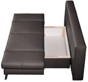 Querschläfer-Sofa in dunklem Leder mit geöffneter Bettkastenansicht von oben