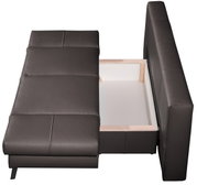 Querschläfer-Sofa in dunklem Leder mit geöffneter Bettkastenansicht von oben