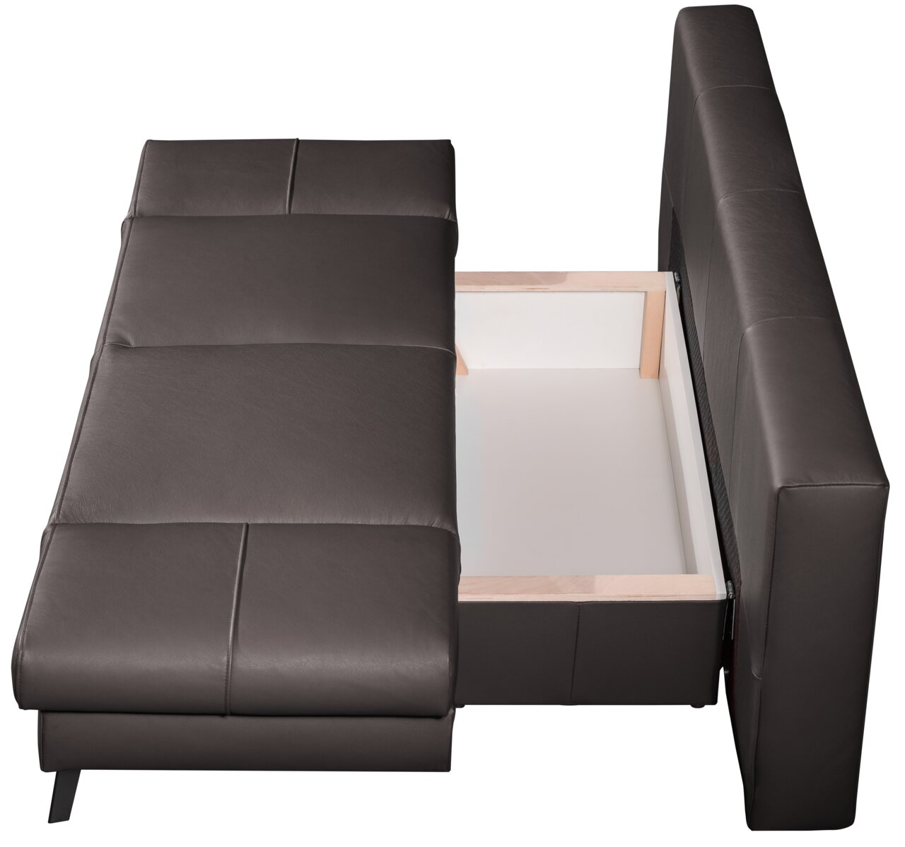 Querschläfer-Sofa in dunklem Leder mit geöffneter Bettkastenansicht von oben