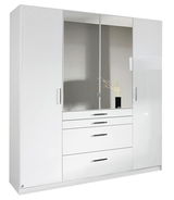 Weißer, viertüriger Drehtürenschrank mit Spiegel in der Mitte und Schubladen, frontal betrachtet.