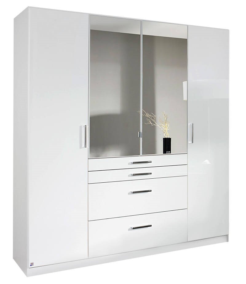 Hom´in Drehtürenschrank 4-türig HOMBURG Weißer, viertüriger Drehtürenschrank mit Spiegel in der Mitte und Schubladen, frontal betrachtet.