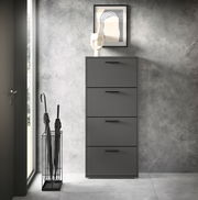 Moderner Schuhkipper mit vier Klappen in dunklem Grau, frontal fotografiert, neben einem Regenschirmständer und dekoriert mit einem Kunstobjekt und einem Bild an der Wand.