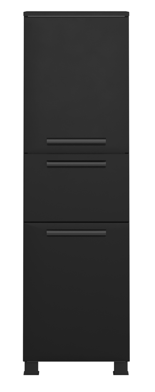 Schwarzer Midischrank mit drei Schubladen, Frontalansicht