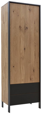 Moderner Garderobenschrank aus Holz mit schwarzem Metallrahmen, seitliche Perspektive