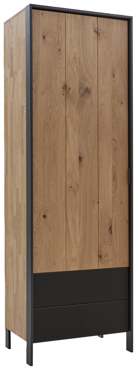 Moderner Garderobenschrank aus Holz mit schwarzem Metallrahmen, seitliche Perspektive
