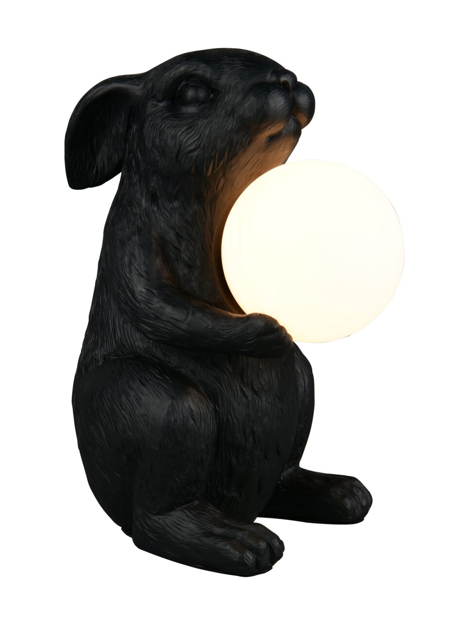 Reality Leuchten Tischleuchte RABBIT Schwarze Tischleuchte in Form eines sitzenden Hasen, der eine leuchtende Kugel hält, seitliche Perspektive