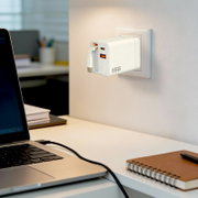 Weißes GaN-USB-Ladegerät mit 65 W und mehreren USB-Anschlüssen in einer Wandsteckdose, seitliche Nahaufnahme am Schreibtisch mit Laptop im Vordergrund