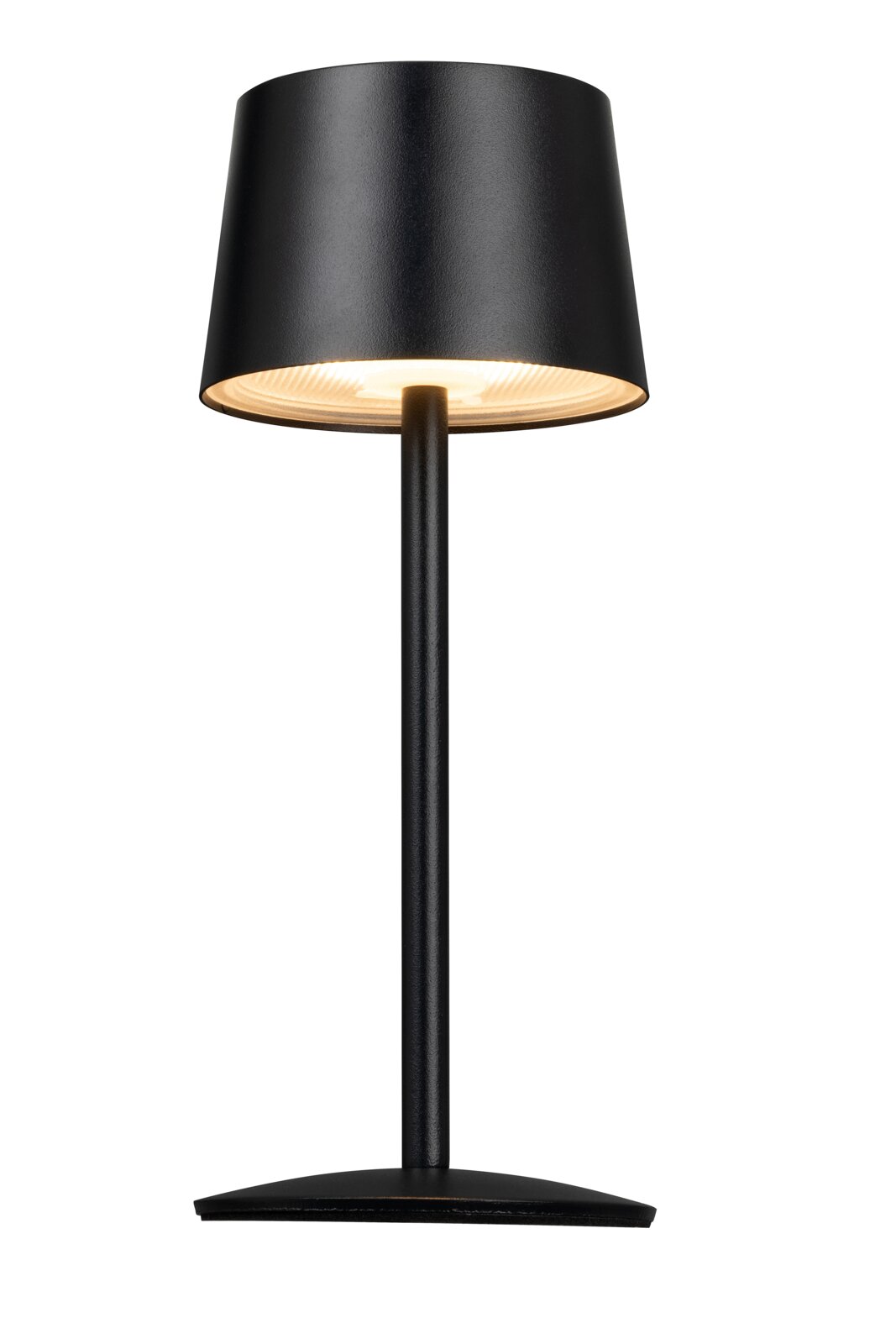 Zwarte accu-tafellamp in vooraanzicht, met een modern ontwerp en een verlichte lampenkap.