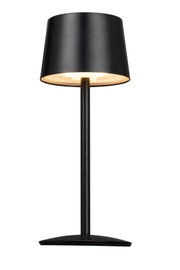 Zwarte accu-tafellamp in vooraanzicht, met een modern ontwerp en een verlichte lampenkap.