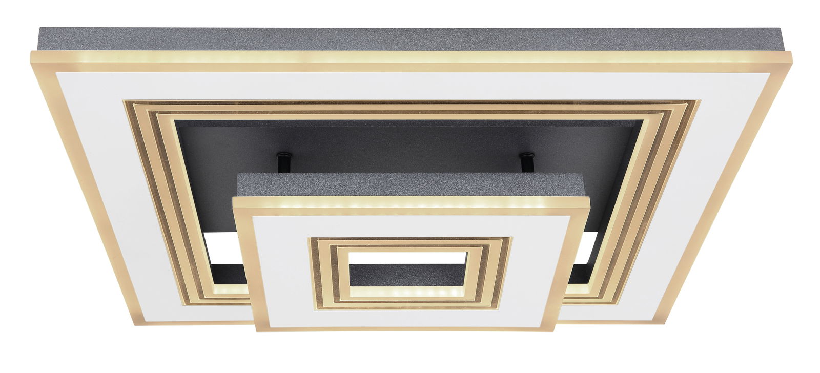 Moderne Deckenleuchte aus Metall in Weiß und Gold, perspektivisch von unten fotografiert.