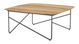 Moderner Couchtisch mit Holzplatte und schwarzem Metallgestell, seitliche Perspektive