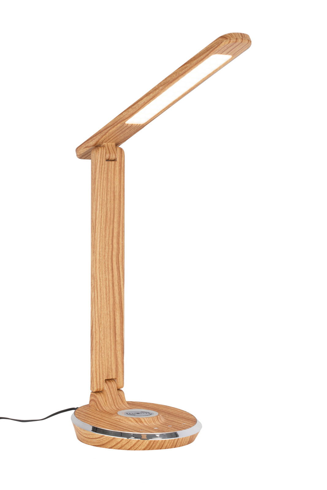 Moderne Schreibtischleuchte aus Holzoptik mit verstellbarem Arm, seitliche Perspektive