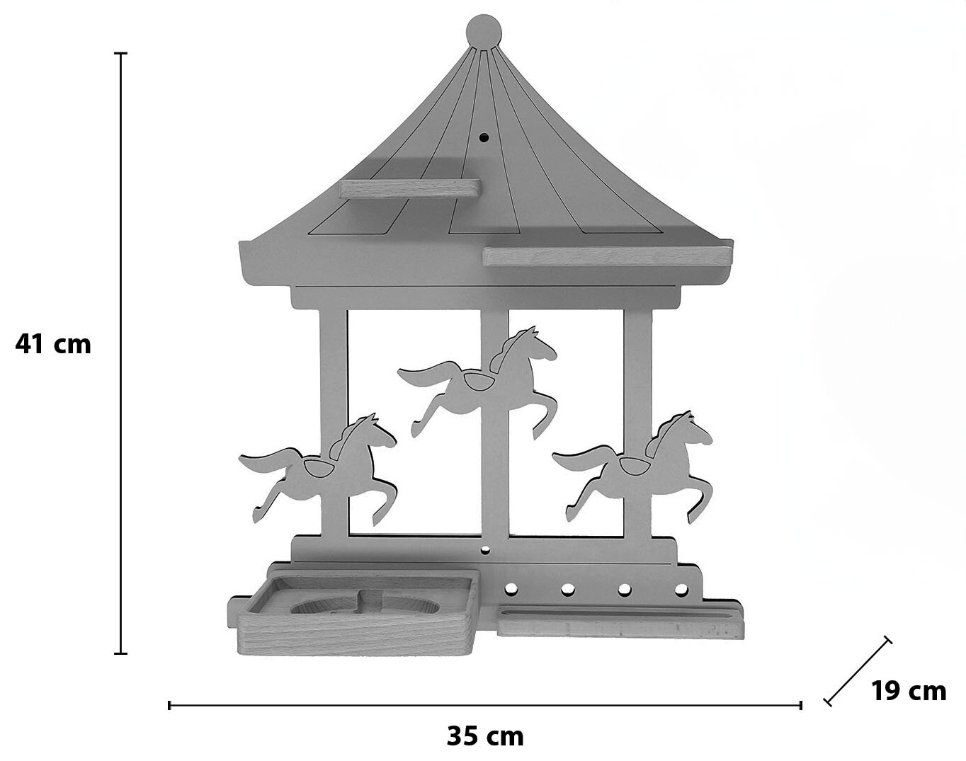 Graues Holz-Schlüsselbrett im Karussell-Design mit drei Pferde-Silhouetten, Ablagefach und Hakenleiste, Maße ca. 41 x 35 x 19 cm, frontal aufgenommen.