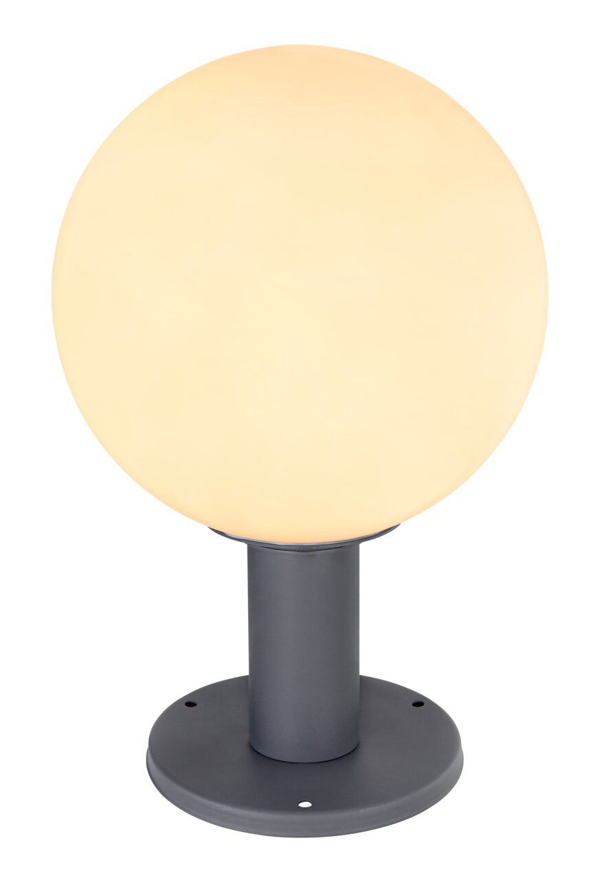 Globo Lighting Außenleuchte OSSY Kugelförmige Außenleuchte mit warmem Licht auf einem grauen Sockel, seitliche Perspektive