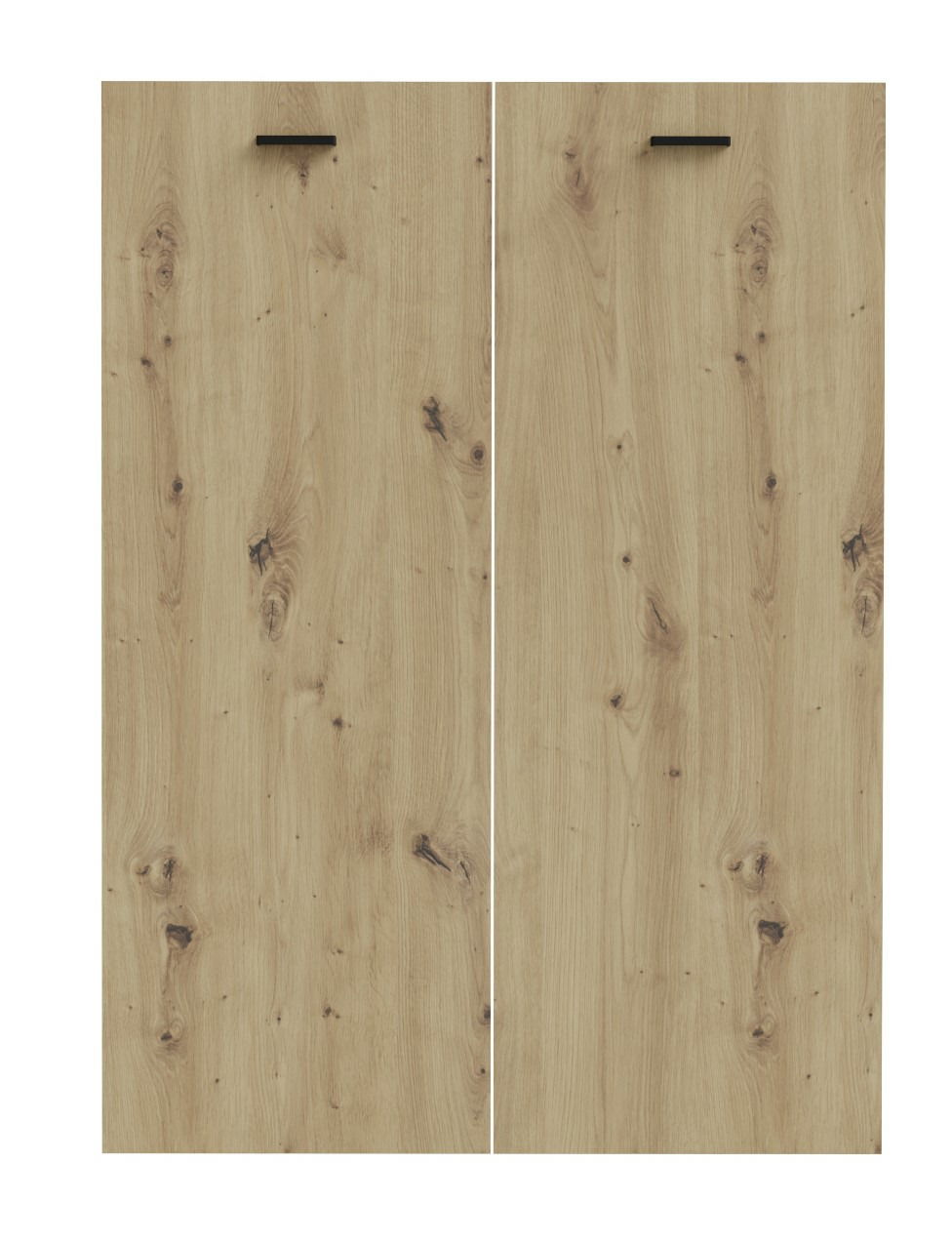 Zwei Holztüren mit natürlicher Maserung und schwarzen Griffen, frontal betrachtet.