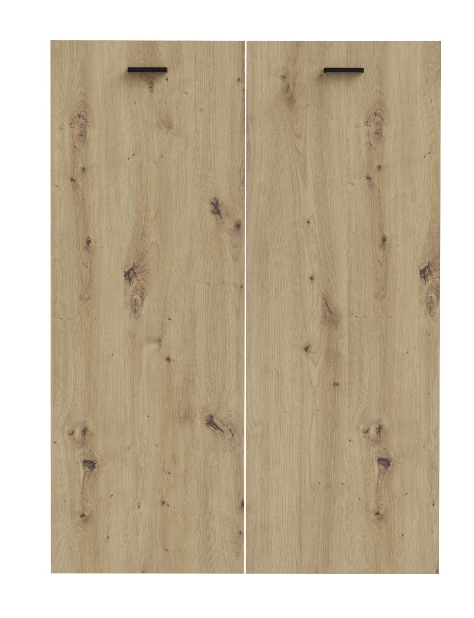 Twee houten deuren met een natuurlijke nerf en zwarte handgrepen, gezien vanaf de voorkant.