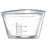 Messbecher aus Glas mit Skala in Millilitern und Unzen, seitliche Perspektive